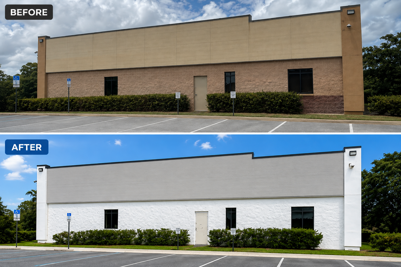Before and after commercial facade repaint